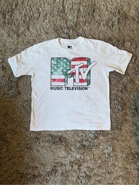 MTV White Tee with Red & Green Flag Logo